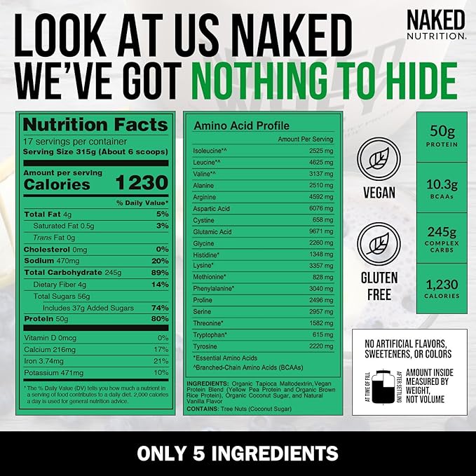 NAKED Vegan Mass - Vanilla Vegan Weight Gainer - 1,230 Calories, Non-GMO, Soy & Gluten Free, No Artificial Ingredients - 12LB Bulk - 17 Servings