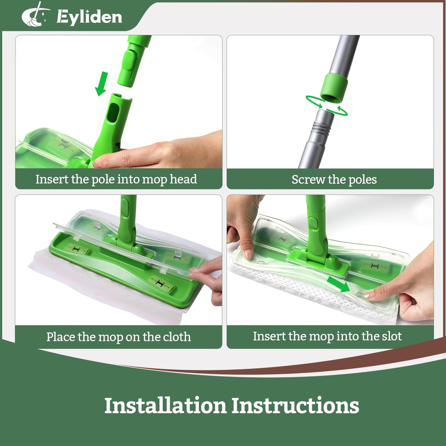 Eyliden Sweeper Mop with 36 Refills - 3 Types of Disposable Dry & Wet Cloths | Lock-Tight Design No Lost Pads, Universal Refills, Multi-Surface Sweeping Starter Kit for Pet Hair, Dust, Floor Cleaning