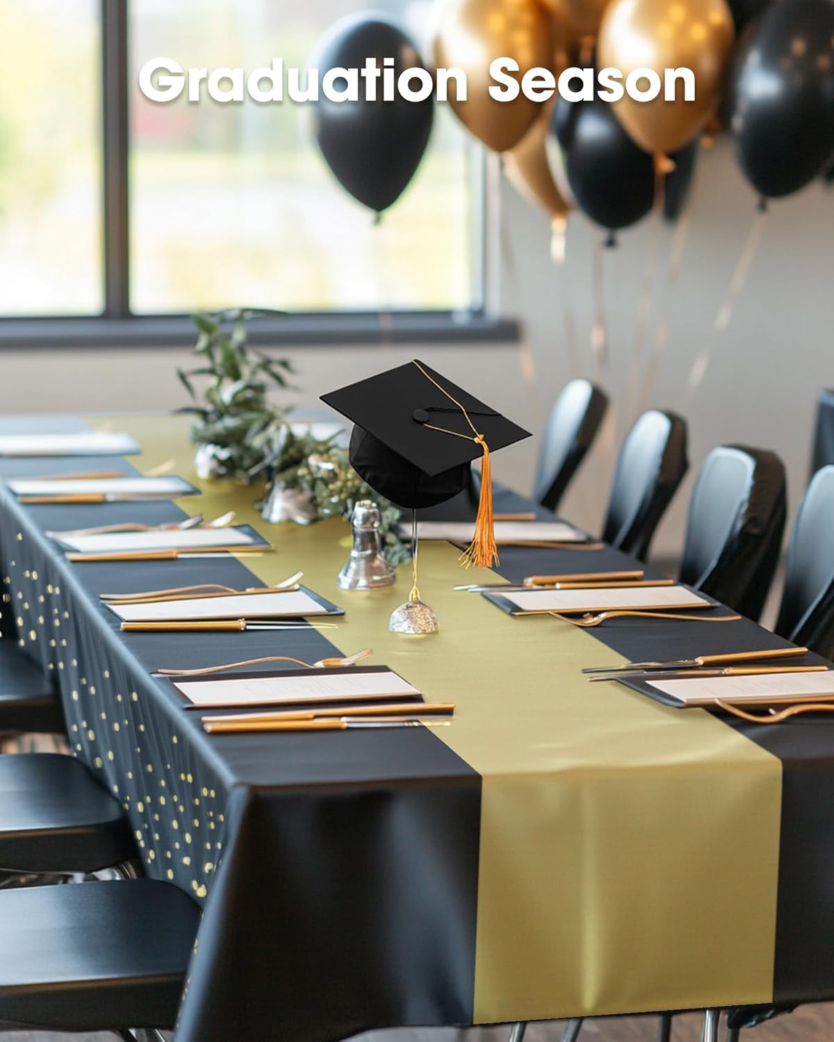 Pureegg Disposable Plastic Tablecloths - 8 Pack, 54 x 108 Inch, Leakproof & Sturdy, Black Gold for Graduation Parties