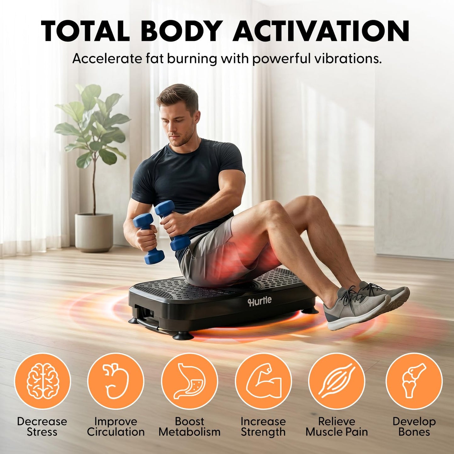 Hurtle Vibration Plate Exercise Machine with Handlebar, Vibration Plate with Handles for Low-Impact Home Fitness, 1-99 Speed Levels, 10 Preset Programs, Remote Control, Quiet Workout Platform, Black