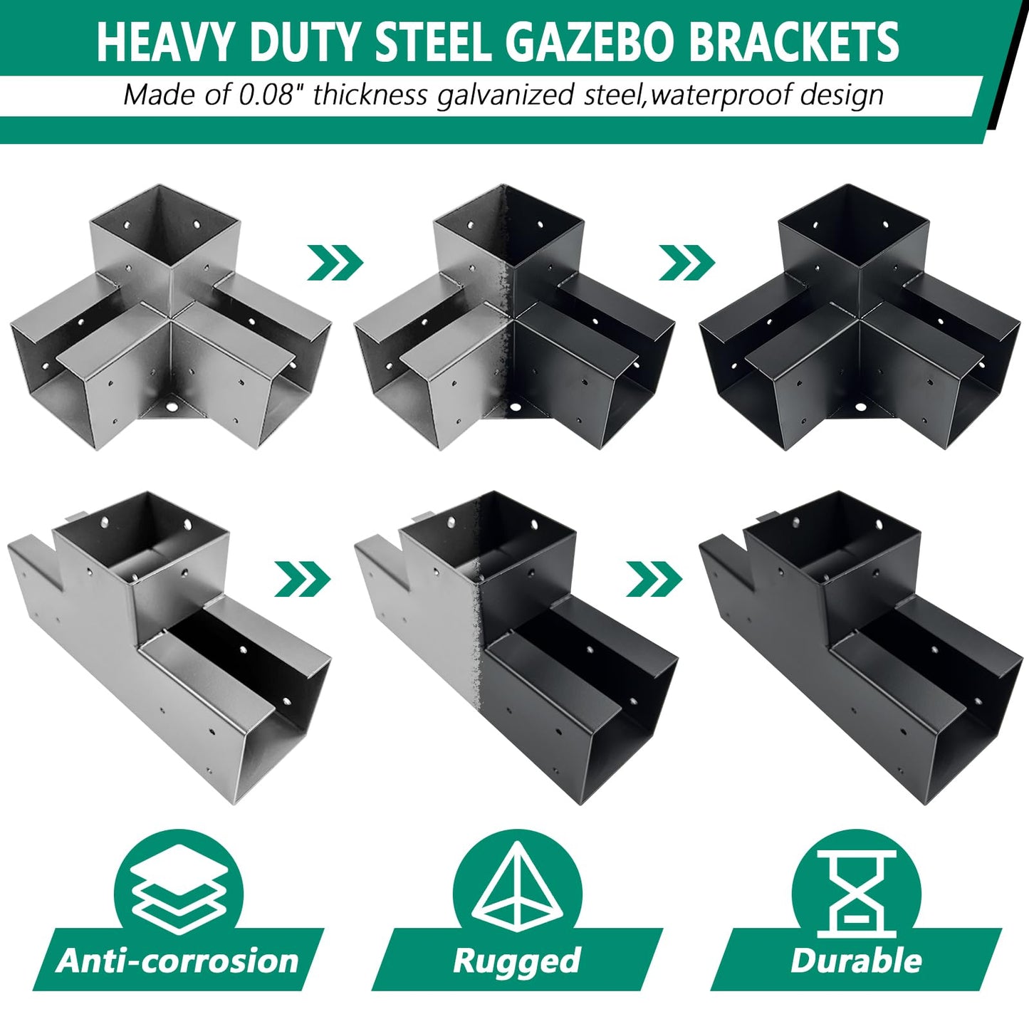 VoTwoofv Pergola Bracket kit,3-Way Right Angle Corner & T-Shaped Flat Bracket for 4" x 4" (Actual: 3.5" x3.5'') Wood Beam for Outdoor Gazebos,Patio Pergolas,Log Cabins - 6Pack