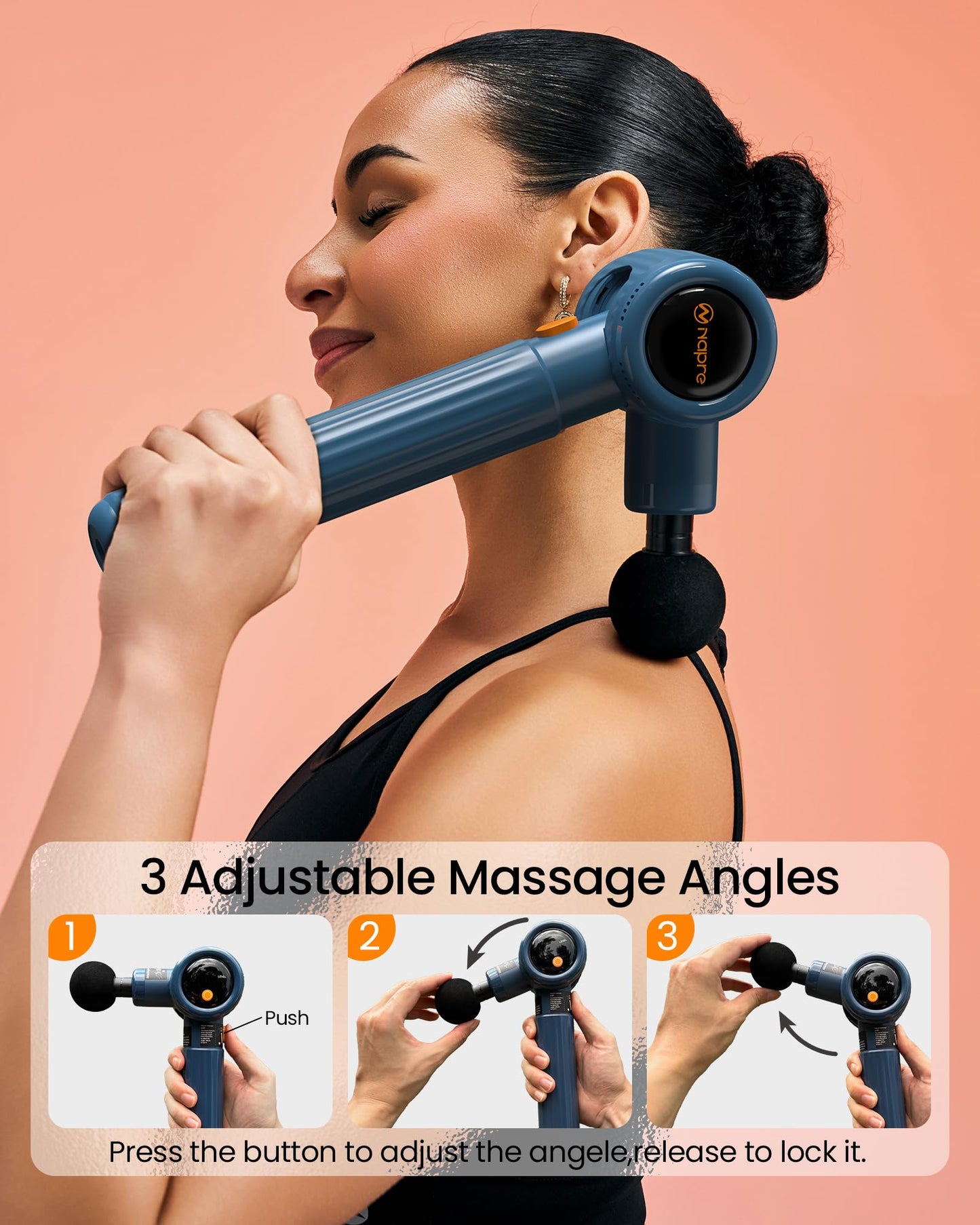 NAPRE Massage Gun with Extension Handle and 3 Adjustable Angles,Deep Tissue Back Massage for Neck/Shoulders/Waist/Body Pain Relief,Handheld Percussion Muscle Massager with Case,Blue