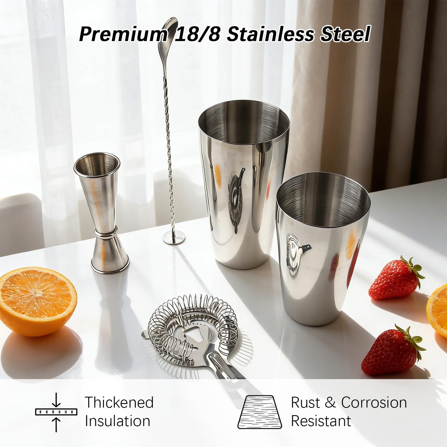 Professional Cocktail Shaker, Professional 5-Piece Bartender Kit with Boston Shaker, Hawthorne Strainer, Double Measuring Cocktail Jigger, and 10-inch Mixing Spoon, Stainless Steel Martini Shakers