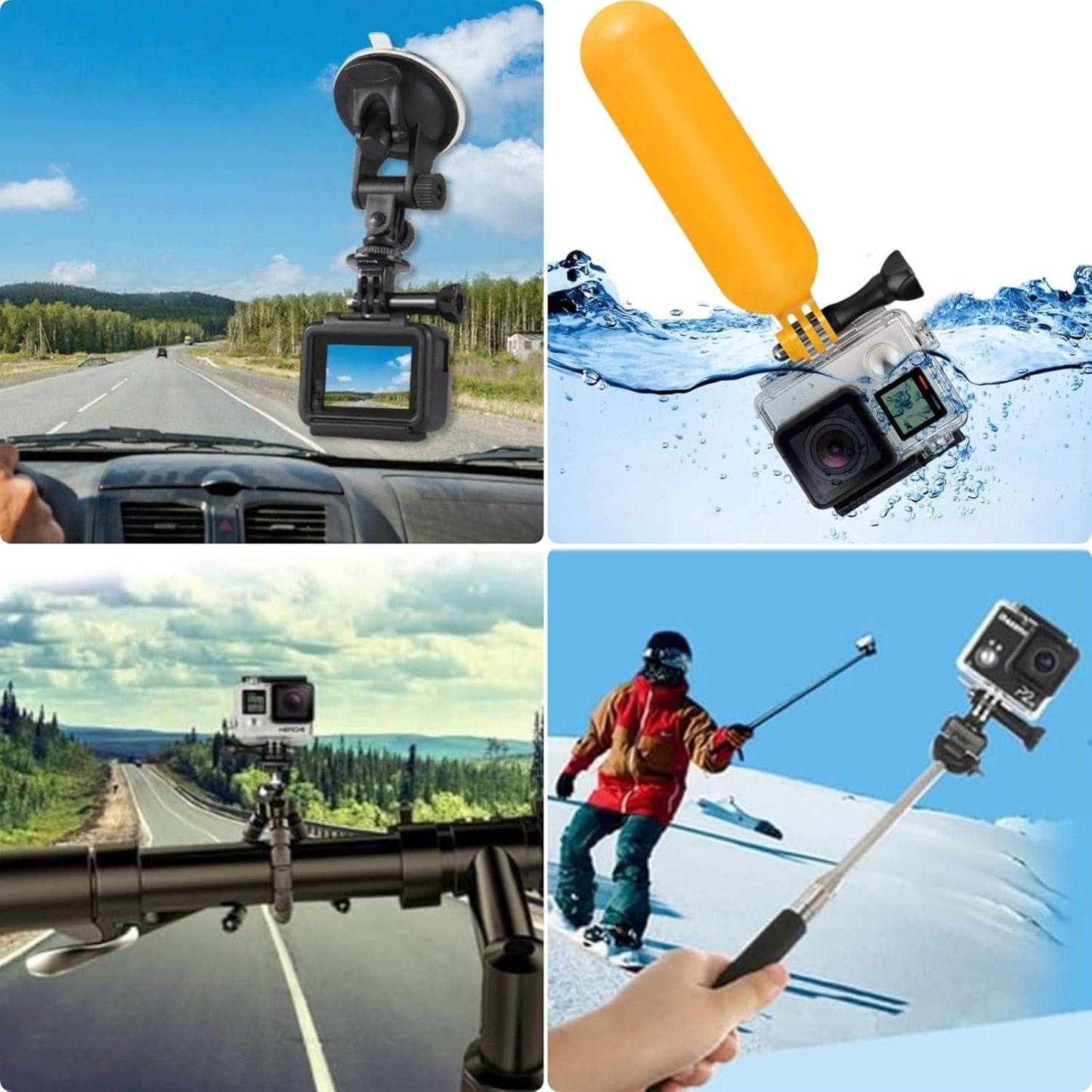 KUANVE 4 1 in Action Camera Accessories Kit, Floating Handle Grip, Suction Cup Mount, Handheld Selfie Stick and Mini