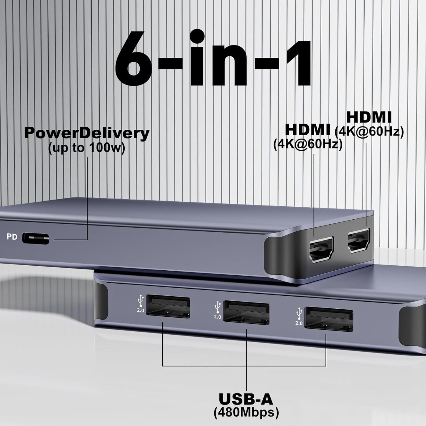THANDBLE 6 1 3*USB-A 100W USB C to Dual HDMI Adapter, in Docking Station Dual Monitor, Data Ports, PD, HDMI Splitter