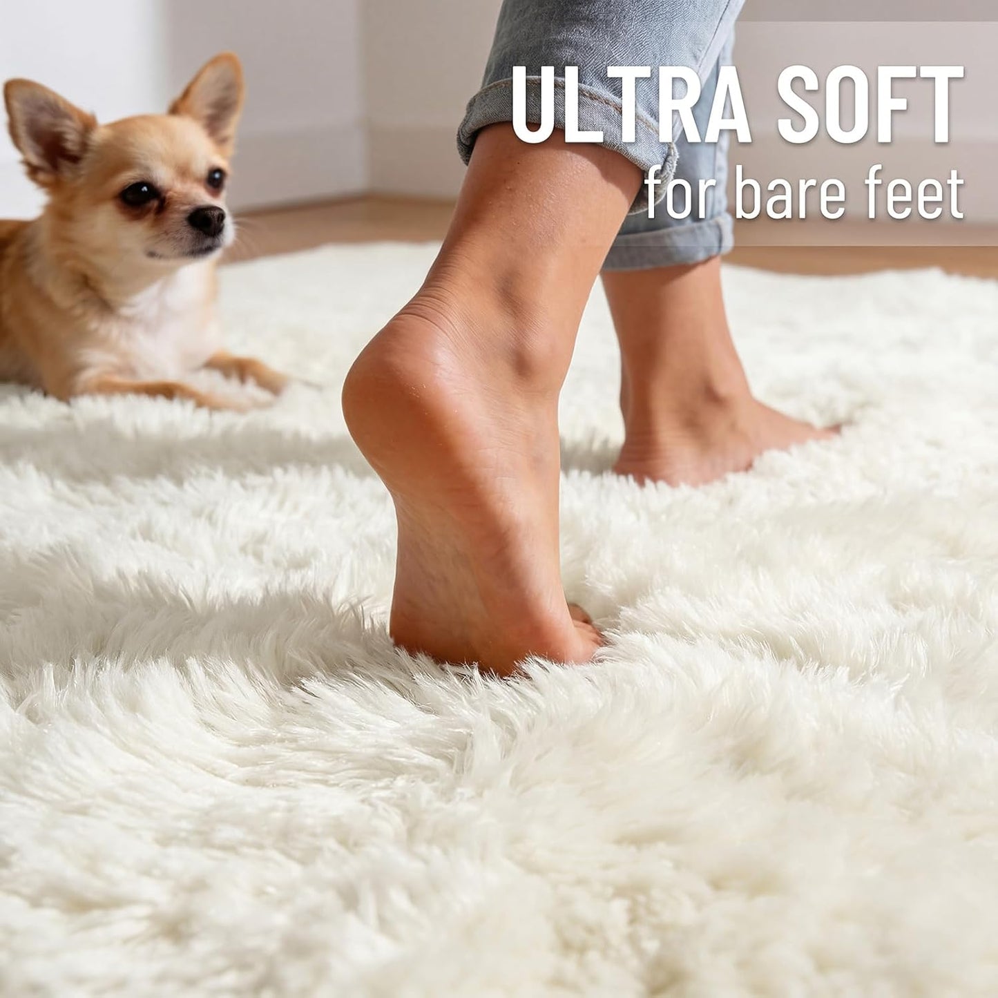 OLANLY Small Bedside Rug - Soft, Fluffy Shaggy Throw Rug for Bedroom & Living Room | Ivory