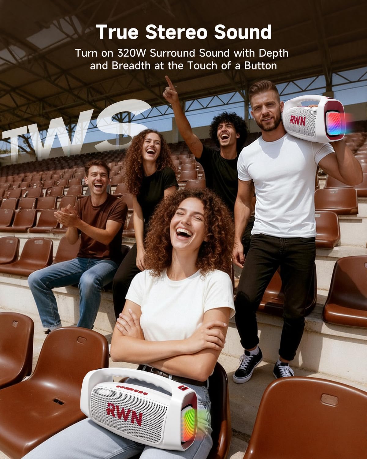 RWN Outdoor Bluetooth Speaker: 160W Loud Sound, IP67 Waterproof with 24H Playtime, Fast Charge, Bass, TWS, Portable Wireless Speakers with Light Show for House, Party, Projector, Beach (RED+White)