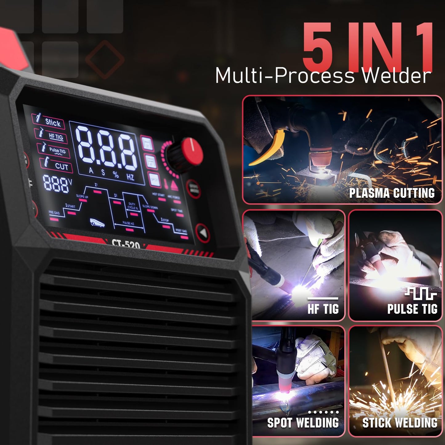 YESWELDER CT-520 Tig Welder & Plasma Cutter, 5-In-1 CUT/HF TIG/Pulse TIG/Spot Welding/Stick, 200A TIG and Stick & 50A Plasma Cutting, 110/220V Dual Voltage Multifunctional Welding Machine