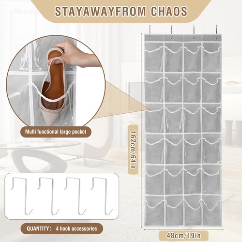 GOMAJI Over The Door Shoe Organizer - 24 Pocket Space-Saving Storage Holder, Gray (64" X 19")