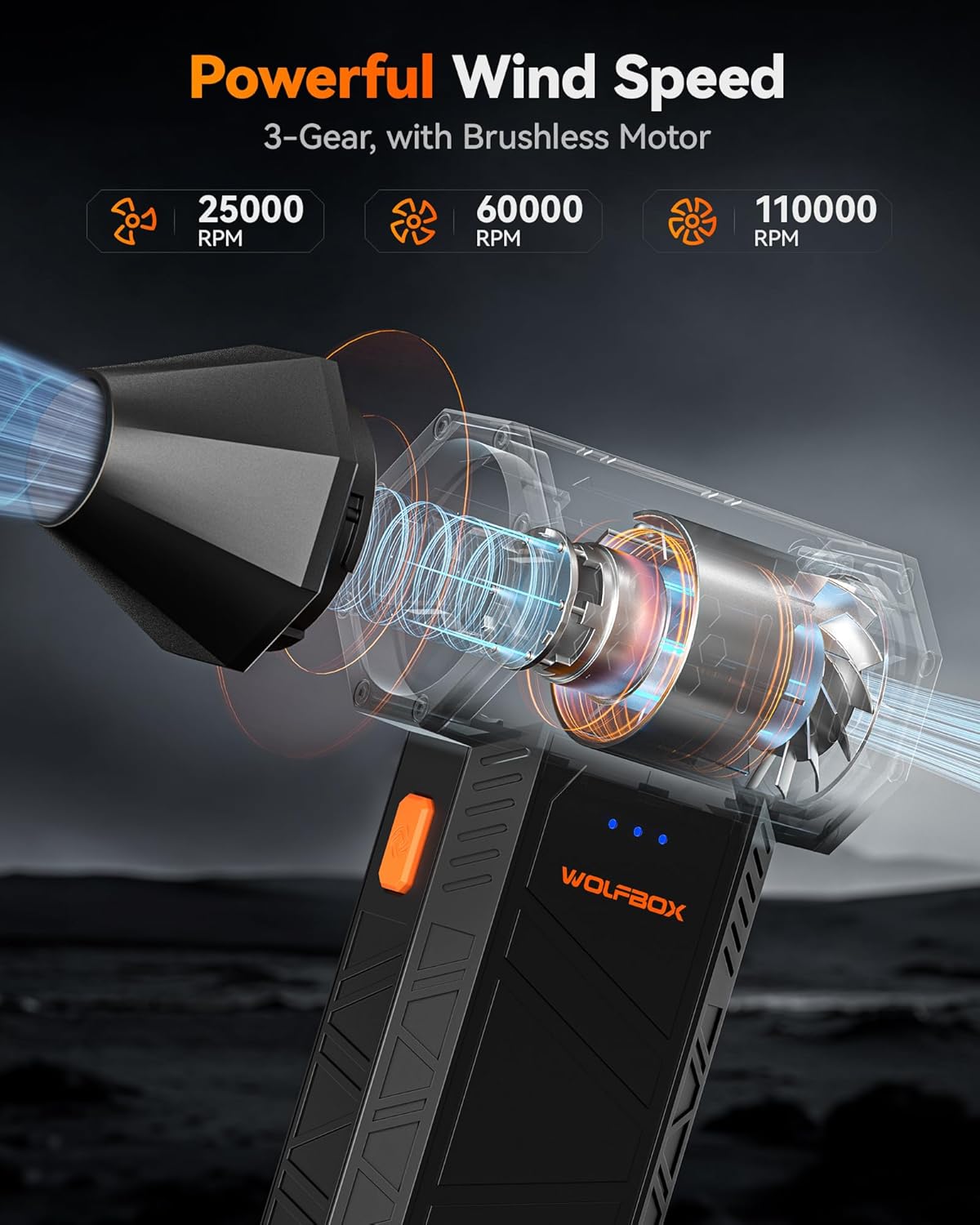 50 Duster-110000RPM 3-Gear WOLFBOX MegaFlow Compressed Air Super Power Electric Air Duster, Adjustable Mini Blower