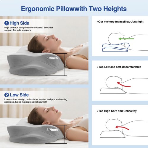 Cervical Neck Pillow - Cooling Pillow for Neck Pain Relief, Side Sleeper Pillow, Ergonomic Neck Pillow, Contour Orthopedic Memory Foam Pillows for Side Back Stomach Sleepers with Pillowcase