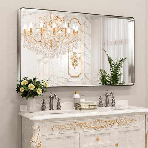 LOAAO Brushed Nickel Bathroom Mirror - 60x30 Inch Rounded Rectangle Design | Anti-Rust, Shatter-Proof, Versatile Hanging Options