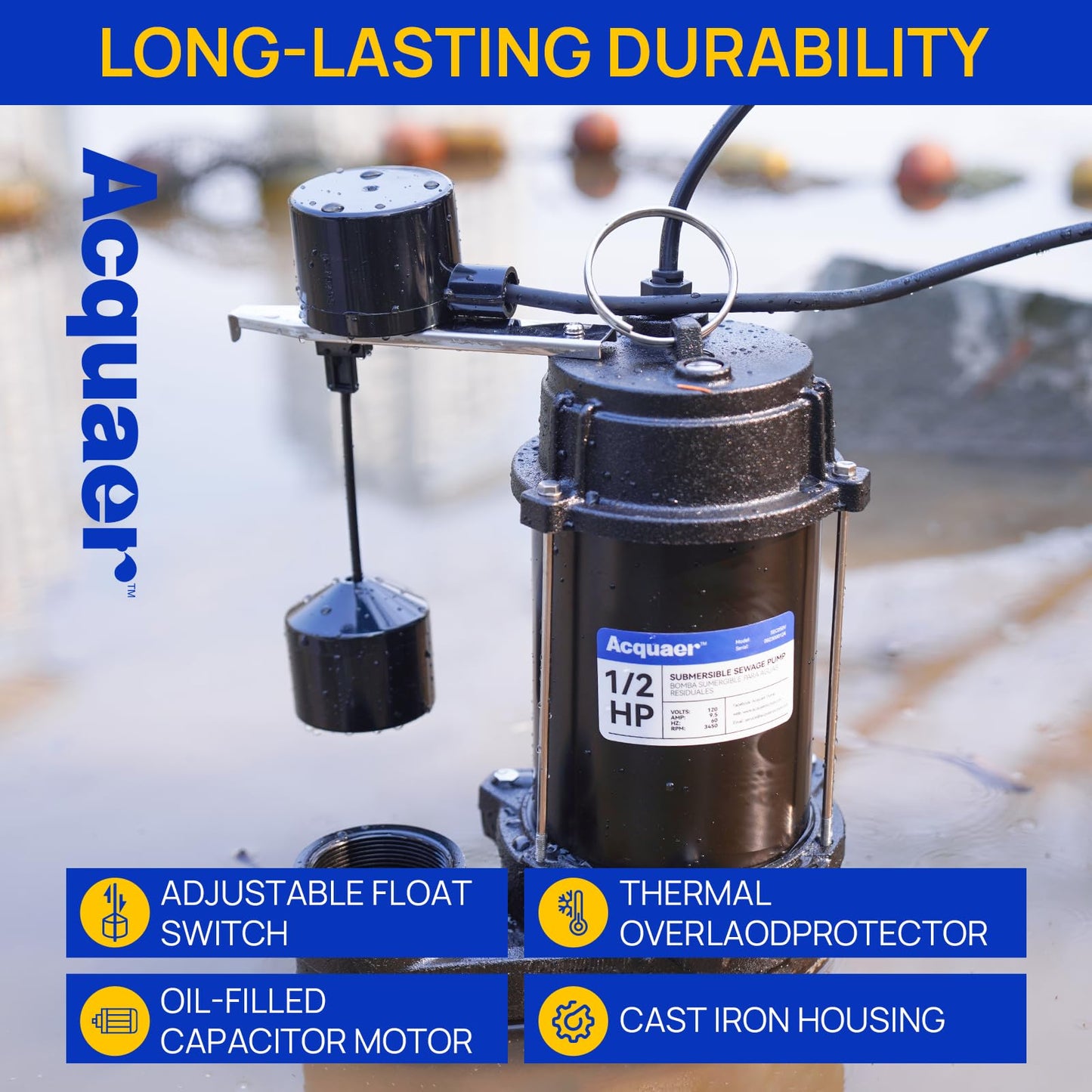 Acquaer Sewage Pump, Cast Iron, Automatic Tethered Float Switch, Sewage Effluent Pump for Sump Basin, Basement, Residential Sewage, 2'' NPT Discharge, Deep Black