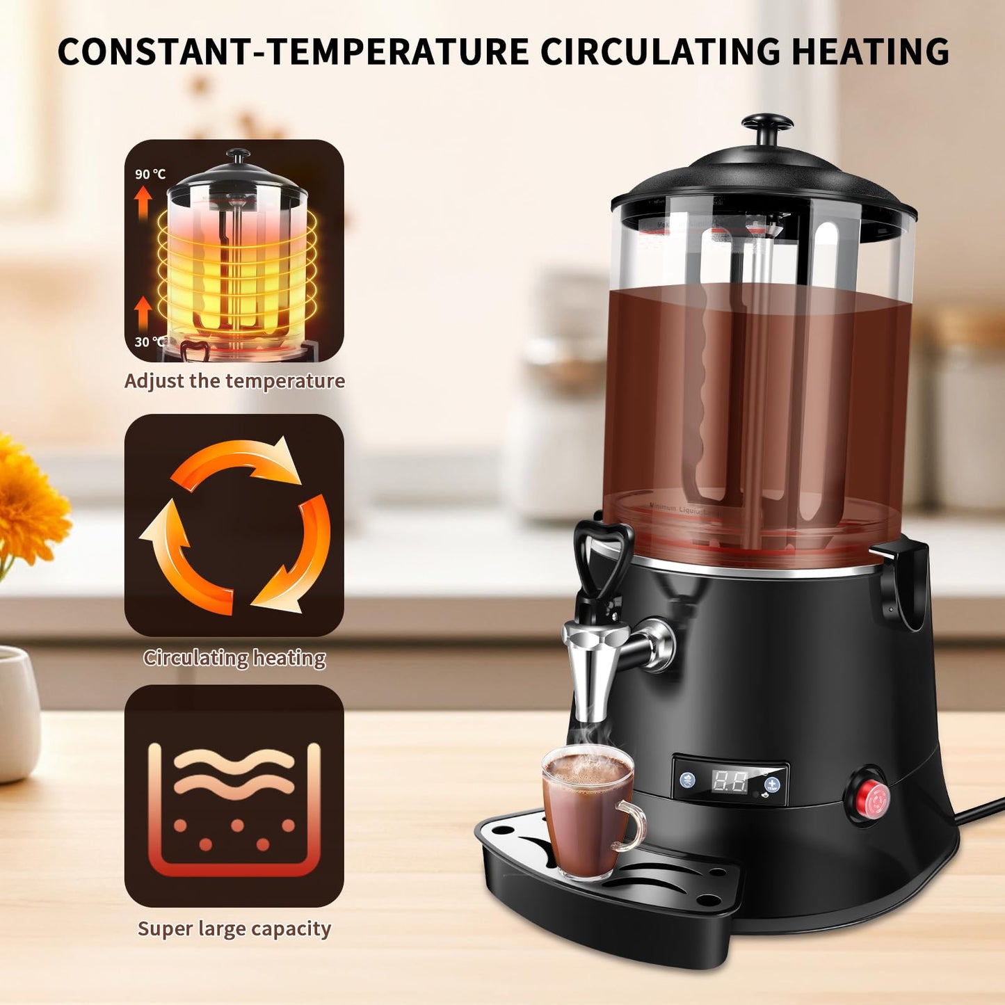Commercial Hot Chocolate Machine & Beverage Dispenser, 10L Capacity, 110V Electric Warmer for Coffee, Hot Chocolate, Milk Tea, Black, Professional Grade for Cafes & Restaurants