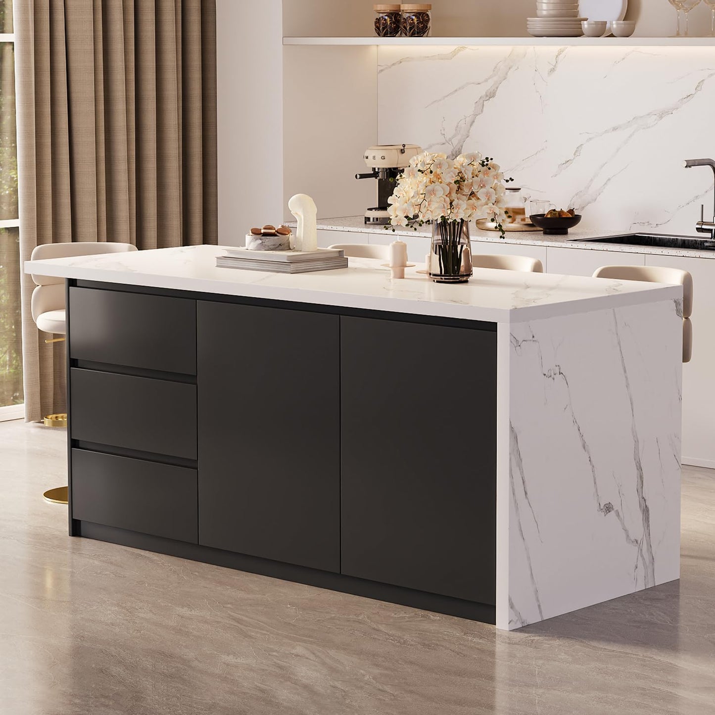 homary Kitchen Island with Storage & Wine Rack, 72" Modern Black Kitchen Cabinet with Wood Top, Large Fixed Island with 3 Drawers & 6 Adjustable Shelves, Without Bar Stools