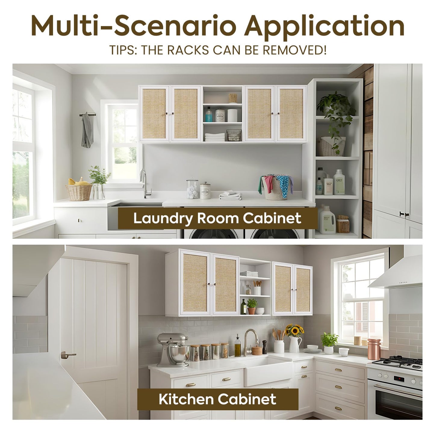 Furnaza Kitchen Wall Cabinets,Rattan Wall Mounted Laundry Cabinets with Adjustable Shelf, Floating Hanging Storage Cabinet for Laundry Room, Bathroom, Kitchen,63" W x 11.8" D x 21.6" H
