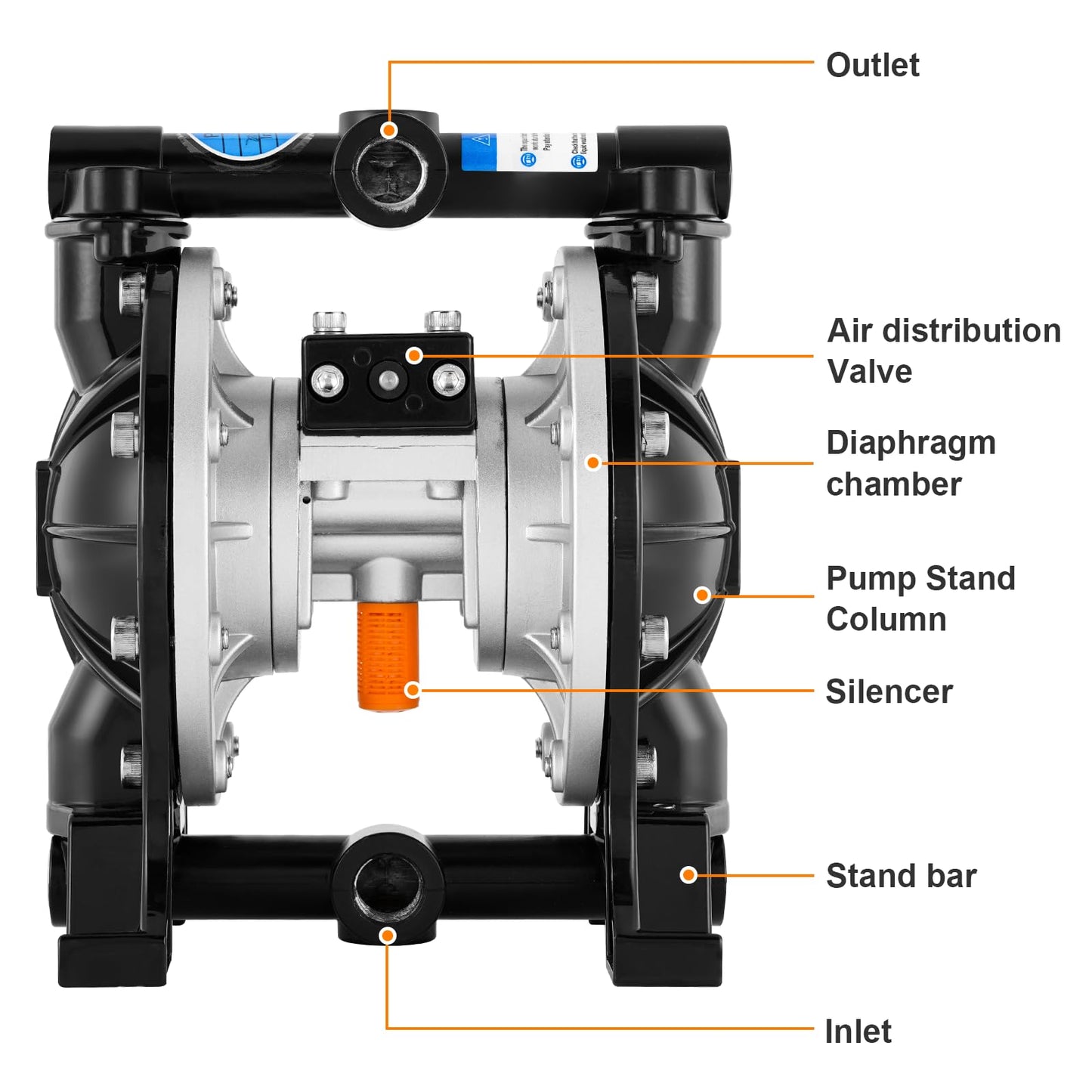 Air-Operated Diaphragm Pump Pneumatic Dual Waste Oil Transfer Pump PTFE Diaphragm by Aluminum Alloy 1/2" Fluid Inlet & Outlet, 1/4" Air Inlet (48L/min)