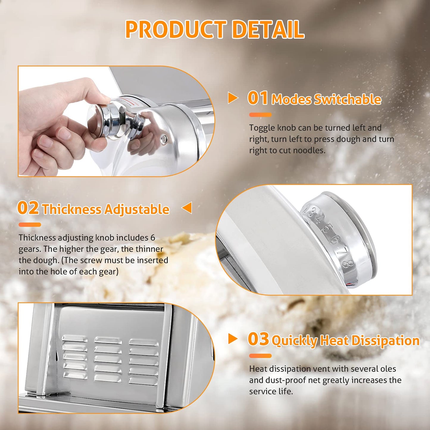 WICHEMI Electric Pasta Maker Machine Pasta Dough Spaghetti Roller Noodle Pressing Machine Stainless Steel 135W for Home Family Use (1.5mm flat noodle+4mm flat noodle)