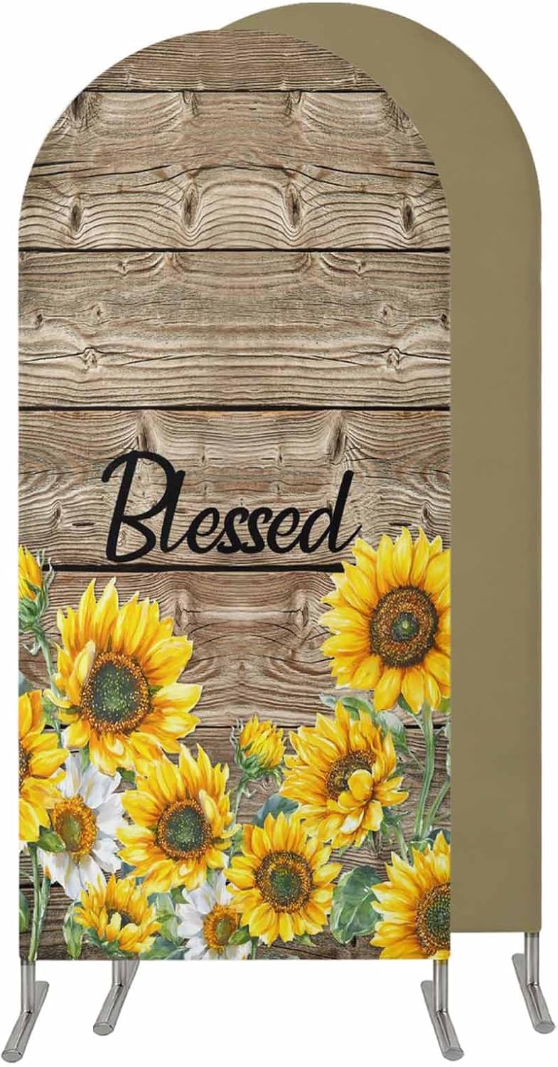 Jnbasdffb 7.2 Country Yellow Sunflowers Wedding Arch Cover,Stretchy Spandex Arch Backdrop Stand Covers FT,Vintage Wood