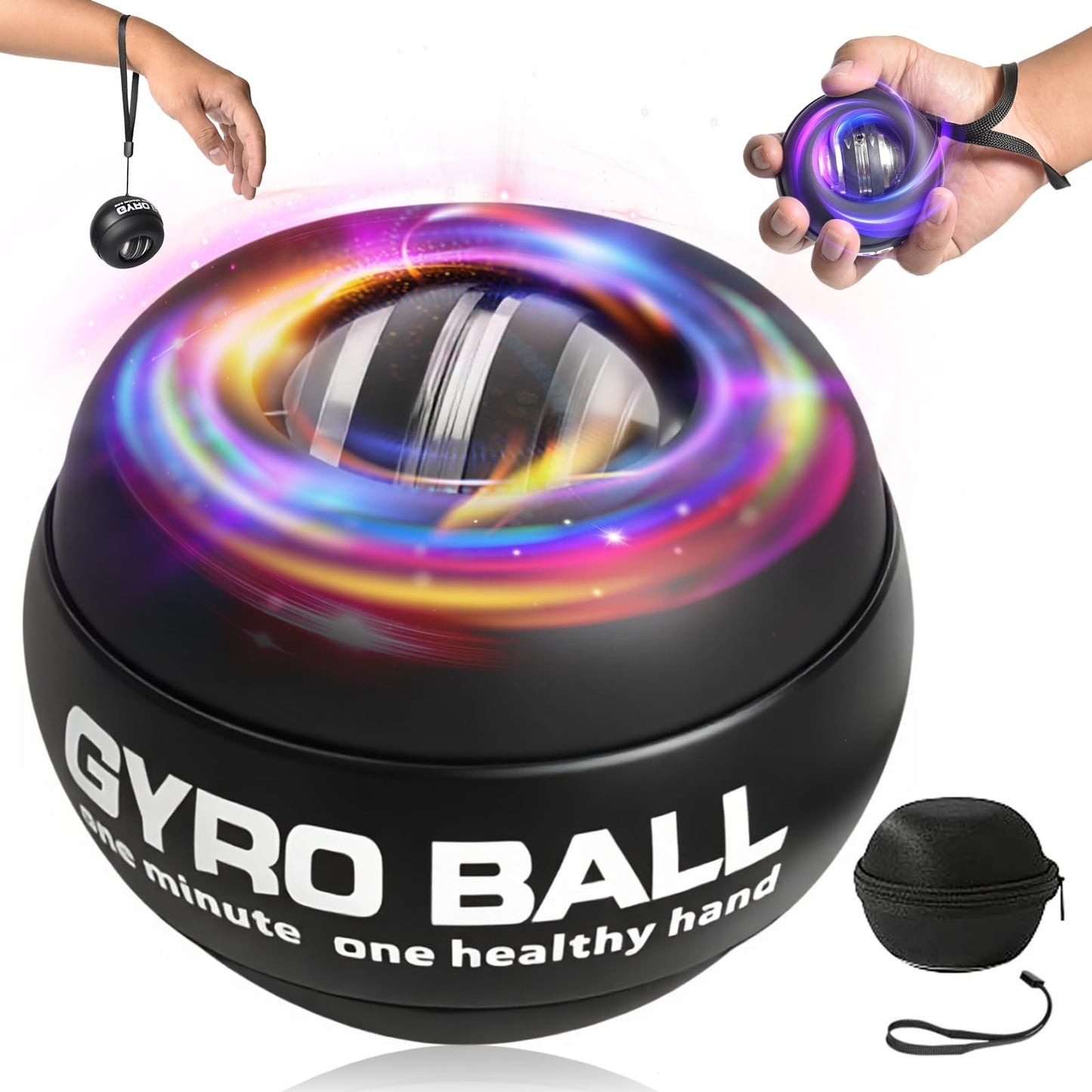 BeSokar Gyroball - Matte Black Case & Forearm Trainer, 5-Level Adjustable Resistance with LED Lights, Matte Black Gyroscopic Power Ball for Grip & Arm Strength