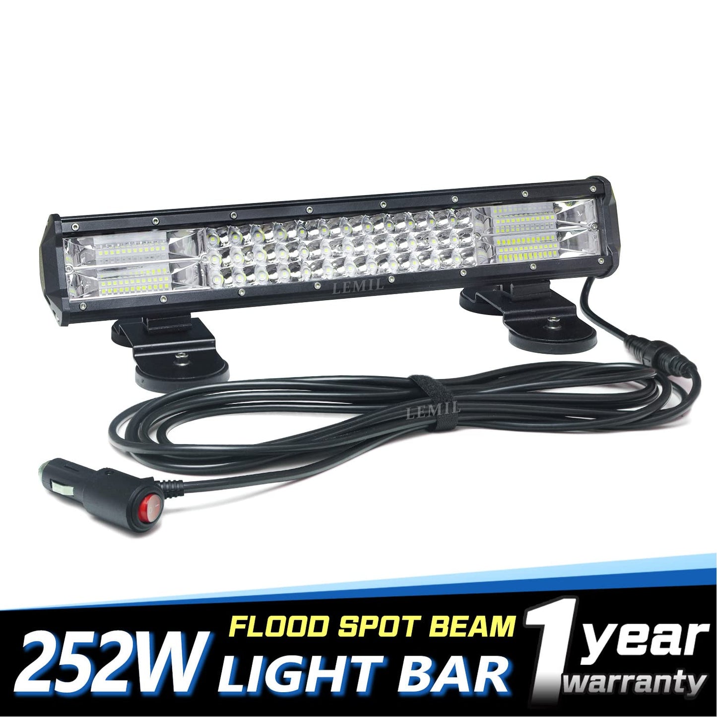 LEMIL LED Light Bar 18'' 252W Magnetic Light Triple Row Lights Cigarette Lighter Plug Flood Spot Combo Beam 12V Work Light High Power Wire Harness Kit Fog Driving Light Offroad Truck 4x4 Pickup ATV
