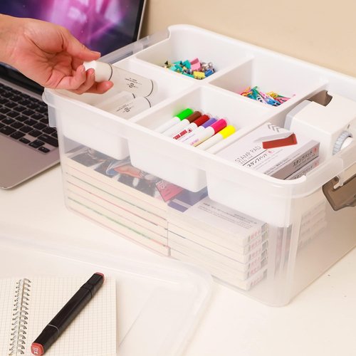 Citylife 17 QT Clear Plastic Storage Box - Removable Tray for Craft Organizers & Bead Storage