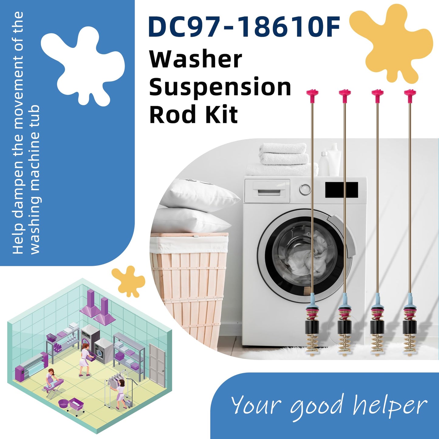 DC97-18610F WA50M7450AW/A4 Suspension Rods Kit (28.3in) Fit for Sam-sung Washer WA52M7750AV/A4 WA50K8600AV/A2 WA52J8700AP/A2 WA54M8750AW/A4 by AMI PARTS