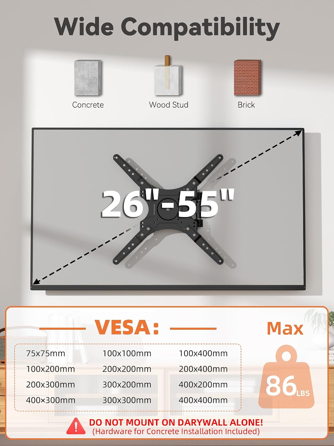EZISE 26-55 Inch 400x400mm 86lbs Full-Motion TV Wall Mount for Most TVs, Articulating TV Mount with Swivel & Tilt