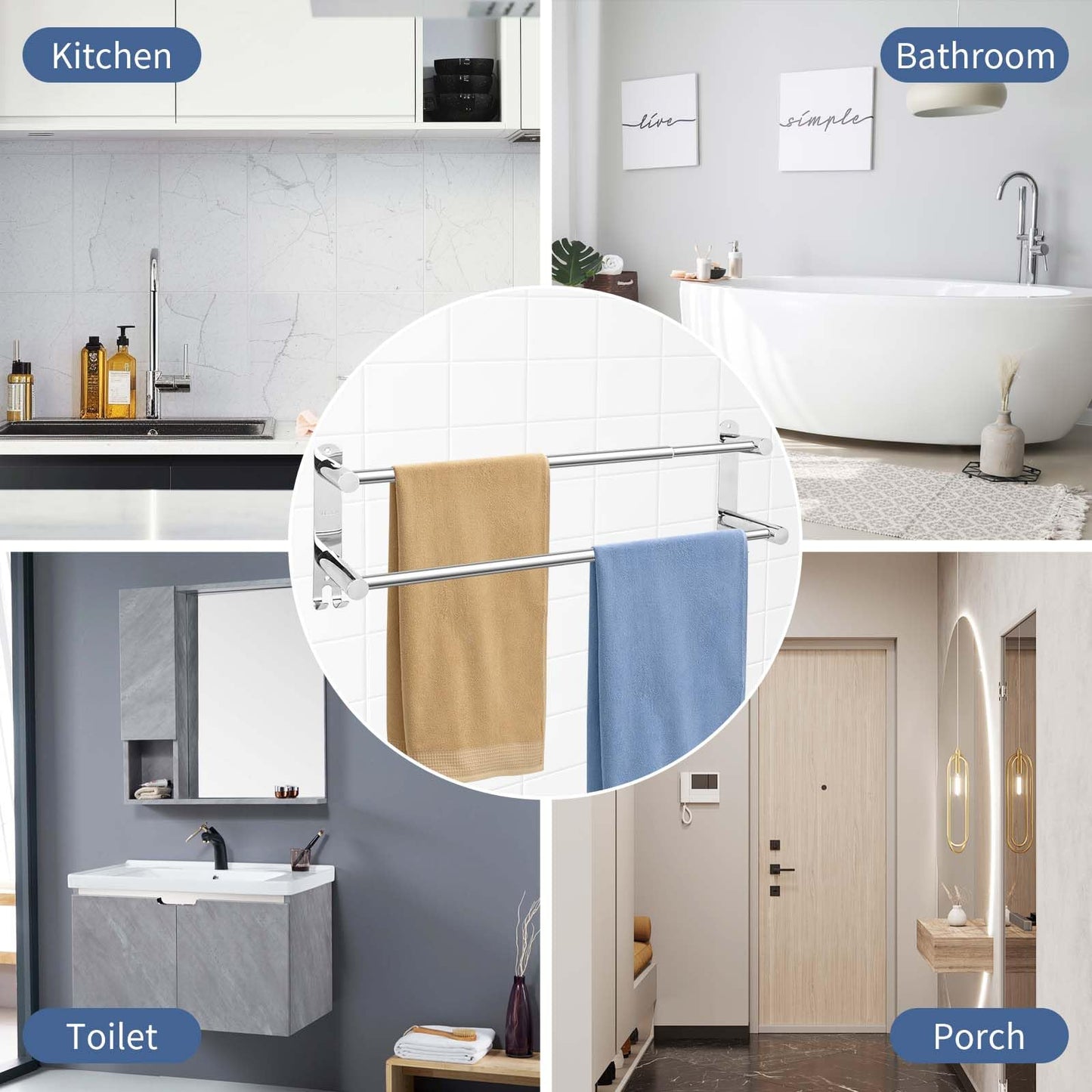 KAHCNVN Stainless Steel Double Towel bar,adjustable16-28IN Double Towel Racks for Bathroom Wall Mounted,Suitable for Bathrooms and Kitchens