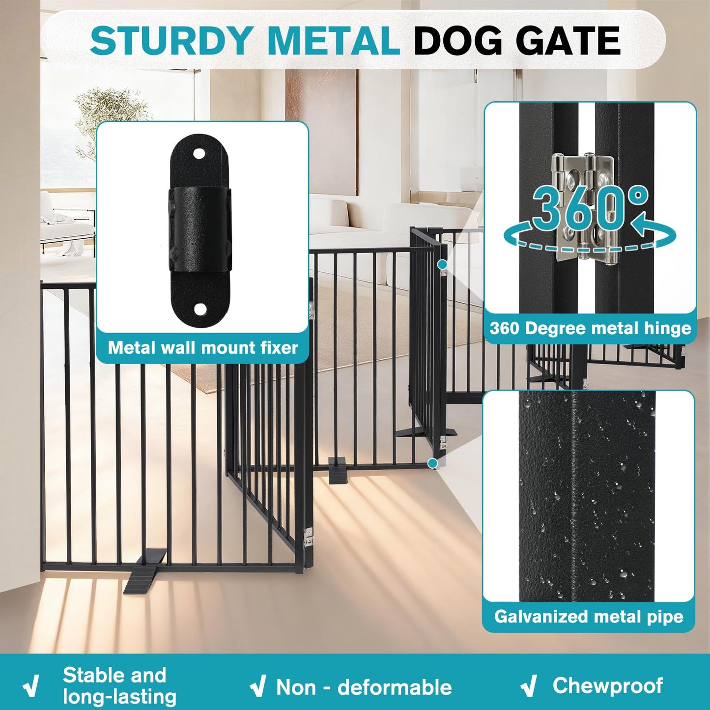 Snagle Paw Extra Wide Dog Gate,Free Standing Dog Fence with Door, Up to 208 Inch Wide Pet Gate with Support Feet for Stairs, Hallways, Doorways, Yard (Black, 8 Panels)