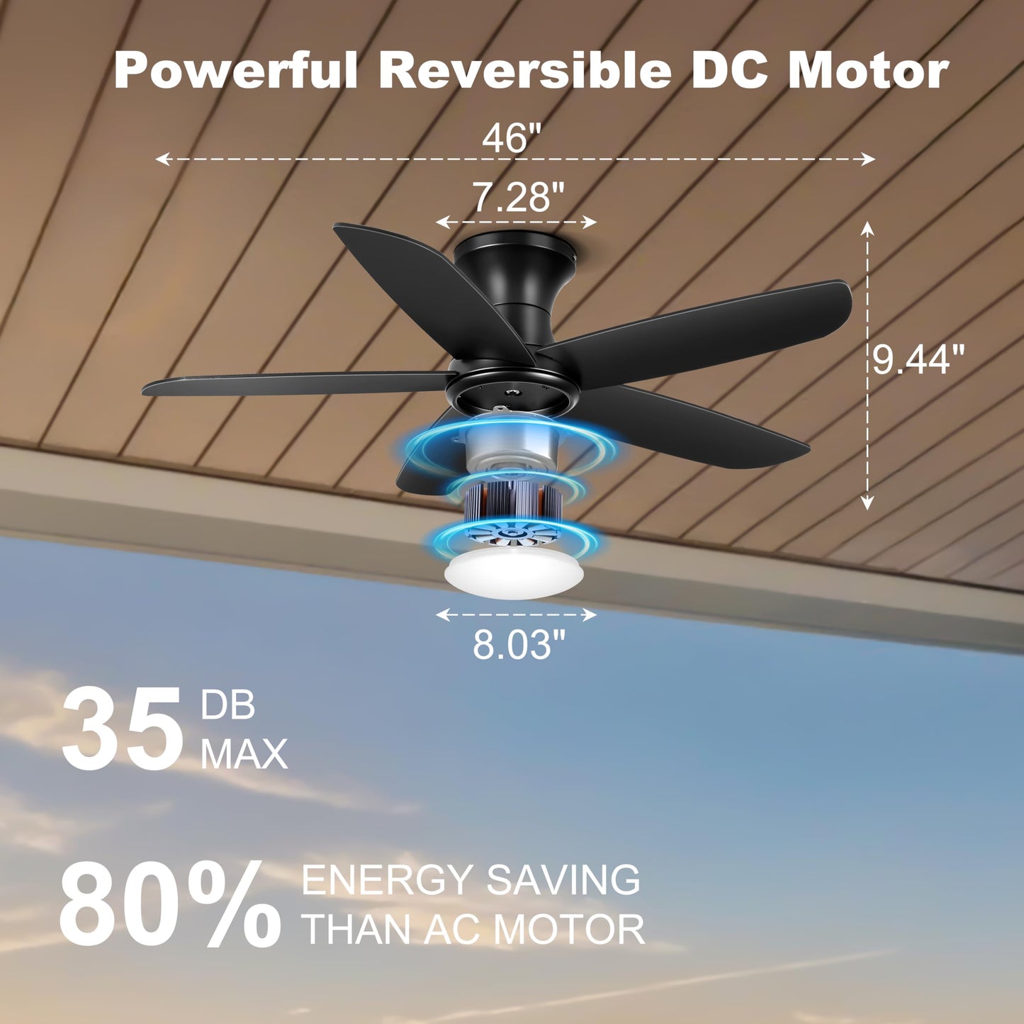 Ohniyou Ceiling Fan with Lights, 46" Flush Mount Ceiling Fans Remote/APP Control - Dimmable, Quiet DC Motor, Indoor Ceiling Fans for Bedroom Kitchen, Black