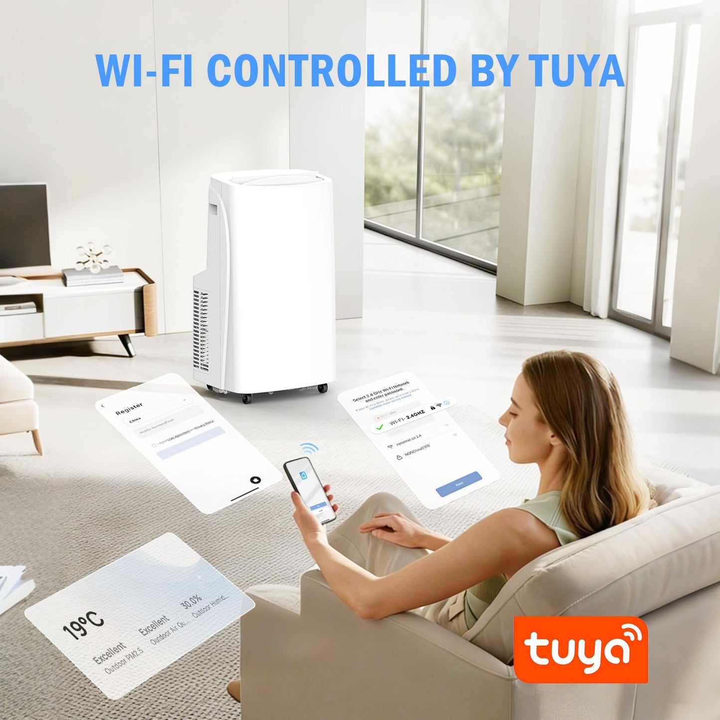 14,000 BTU Portable Air Conditioner & Heater Combo, 4-in-1 AC Unit Cools/Heats/Dehumidifies/Fan, Wi-Fi Smart for Room Up to 700 Sq.Ft, Remote Control, 360° Wheels for Bedroom Large Room