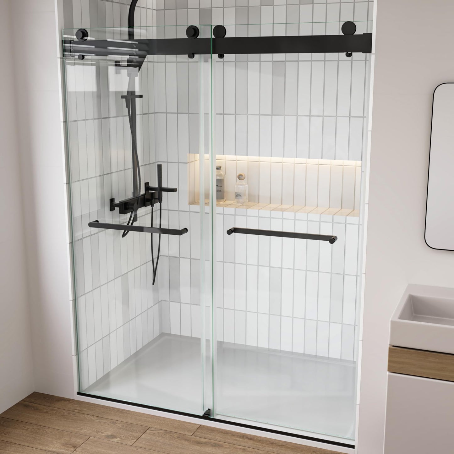 FEKEWIO Frameless Shower Doors 62-66" W x 76" H Double Sliding Soft Close 3/8"(10mm) Clear Tempered SGCC Shatterproof Glass Width Adjustable, DS13- Matte Black