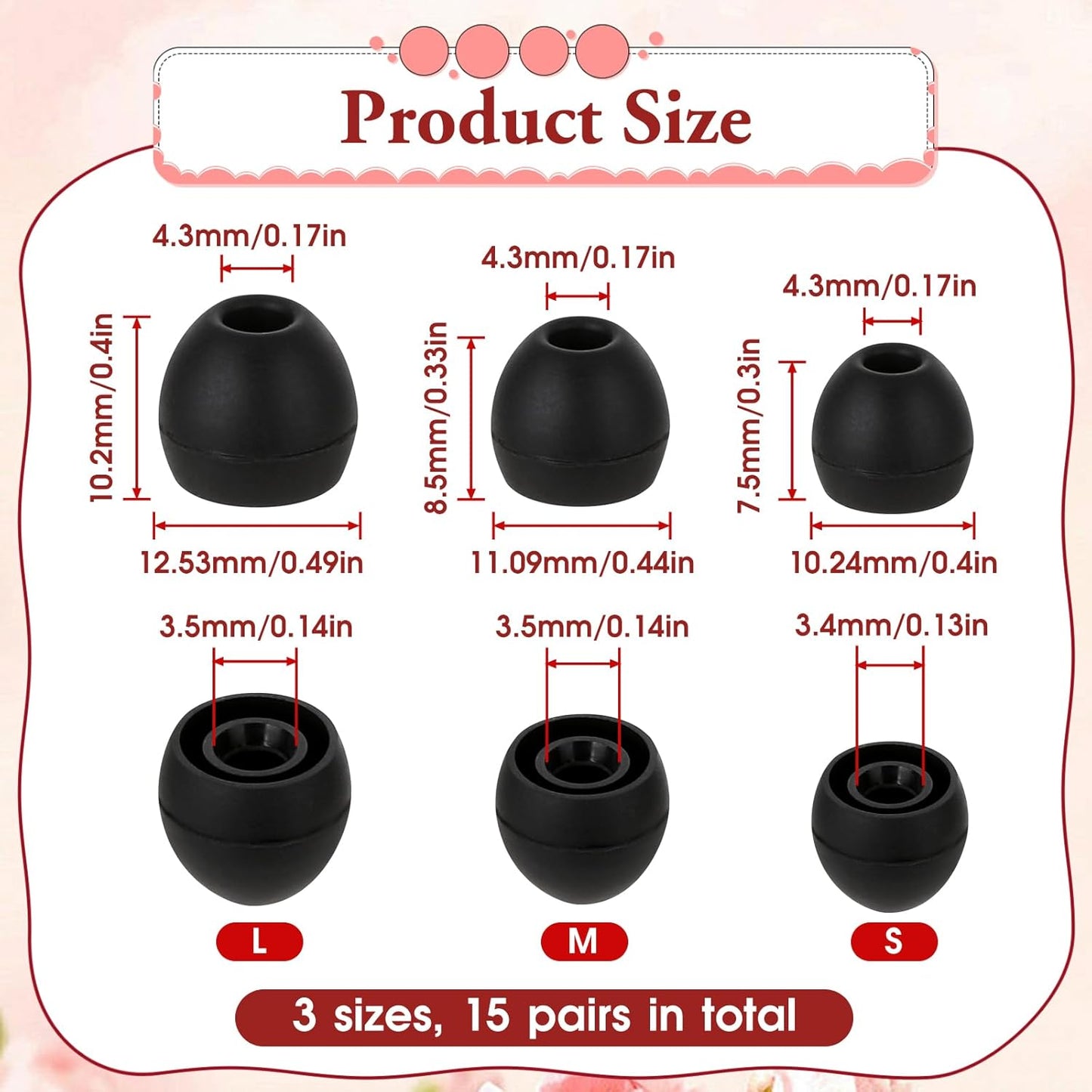 Hariendny 15 Pairs Silicone Ear Bud Replacement Pieces Earbuds Ear Tips Replacement Ear Bud Covers S/M/L Sizes Ear Gels