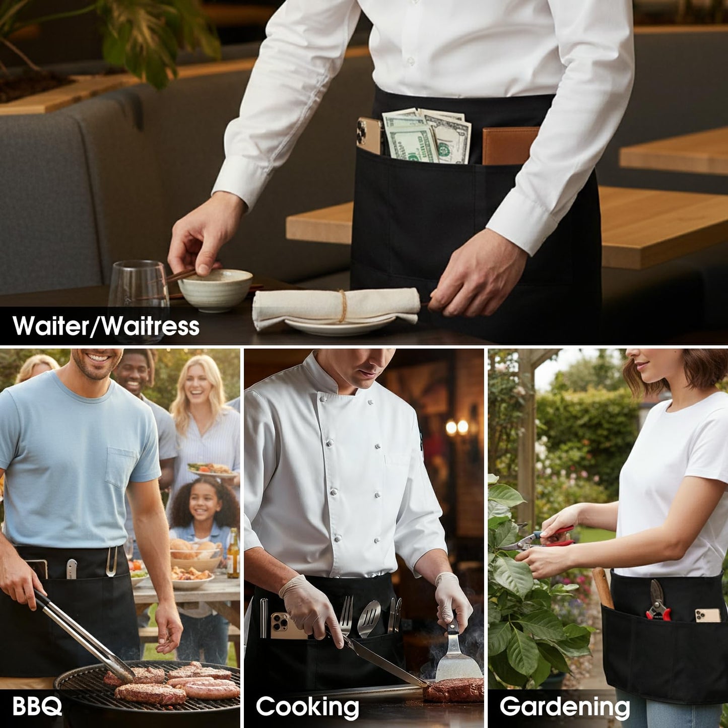 BOHARERS Cotton Server Aprons 2 Pack Waiter Waitress Apron Short Apron with Pockets Restaurant BBQ 12 Inch Black