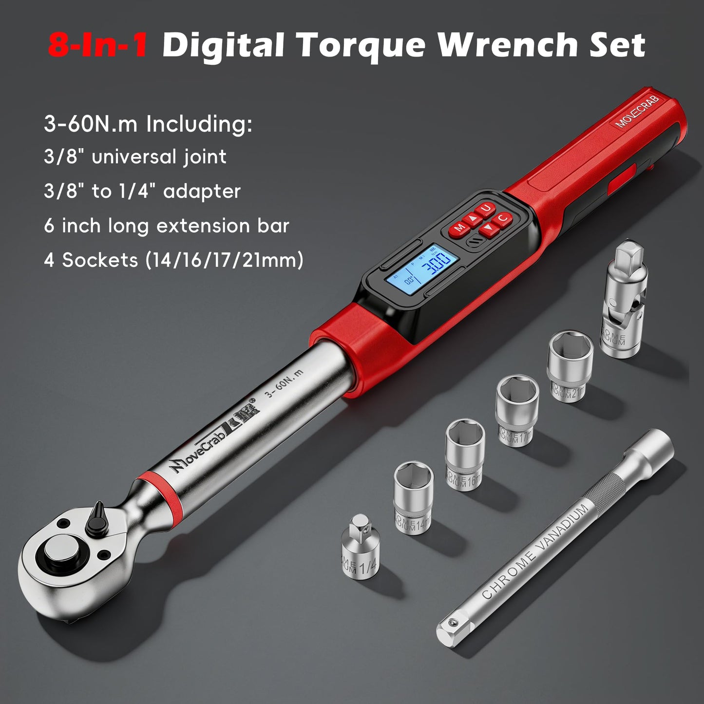 MOVECRAB 3/8" Drive Digital Angle Torque Wrench 2-44 Ft.lb (3-60 N.m), Angle Measurement 0.1° with LED Display & Buzzer, for DIY Auto Car Motorcycle Repair & Engineering
