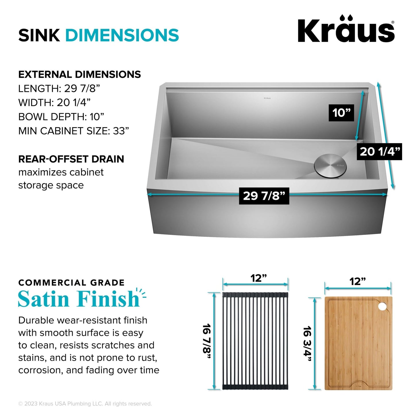 Kraus Kore 30-Inch Farmhouse Workstation with In Sink Dish Drying Rack, Stainless Steel Kitchen Sink, KWF410-30