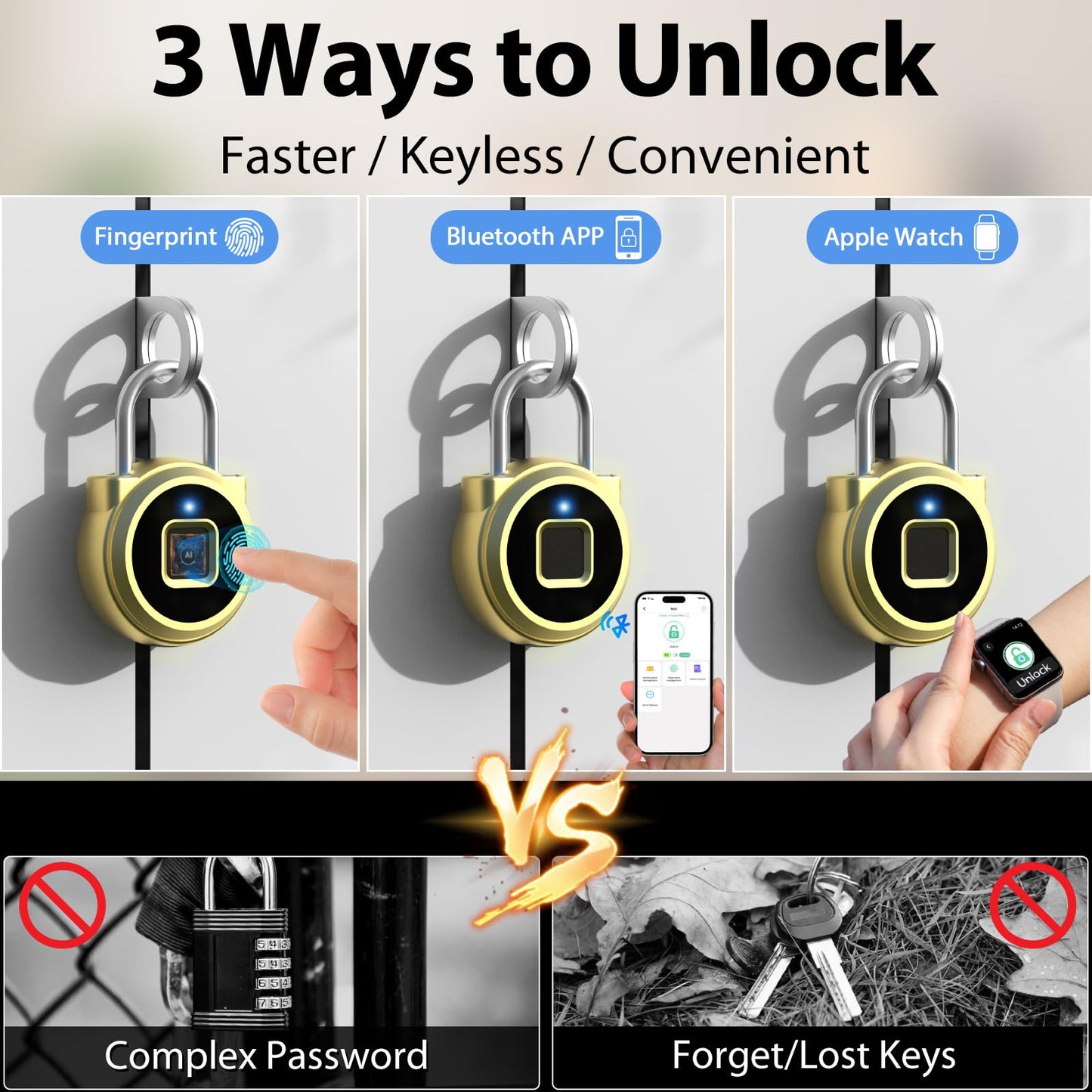 Keylesslife Fingerprint Lock,Gym Locker Lock,Smart Padlock Bluetooth APP Control Biometric Lock for Locker School Suitcase Cabinet Storage Gold