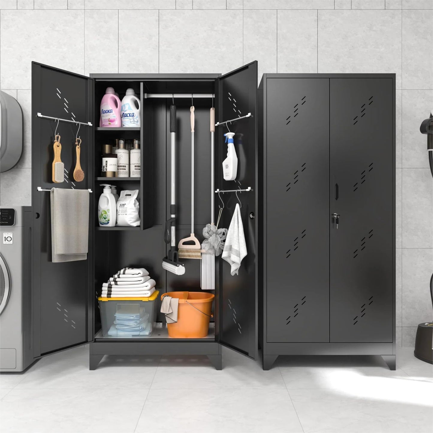 YILFANA 75" Metal Storage Cabinet with Lockable Doors, Functional Garage Storage Cabinets, Heavy-Duty Tool Organization Cabinet with Hanging Rod & S-Hooks (75" Utility Closet)