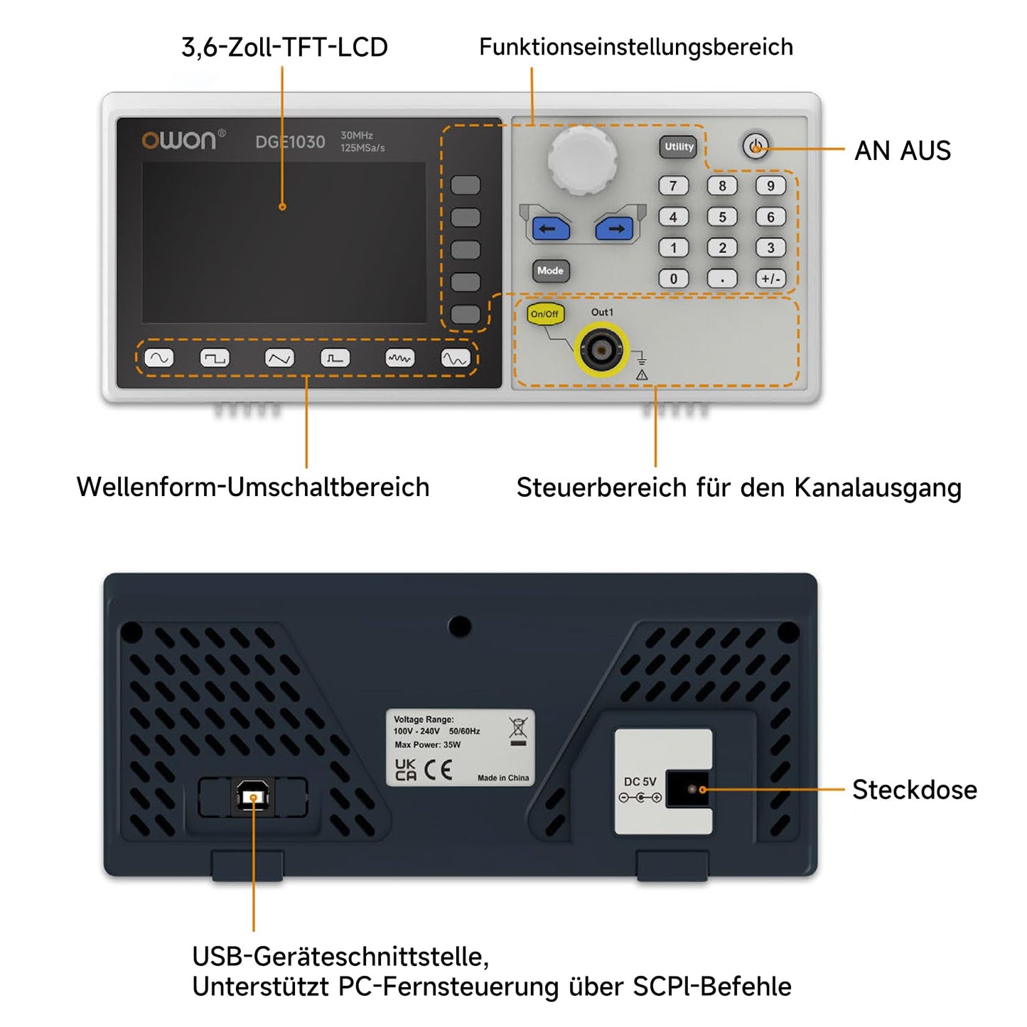 OWON Waveform Generator,30MHz Bandwidth, 125MSa/s Sampling Rate, 14 bits Vertical Resolution, 8K Waveform Length,5 Basic Waveforms, and 160 built-in Arbitrary Waveforms, with 3.6IN LCD Display DGE1030