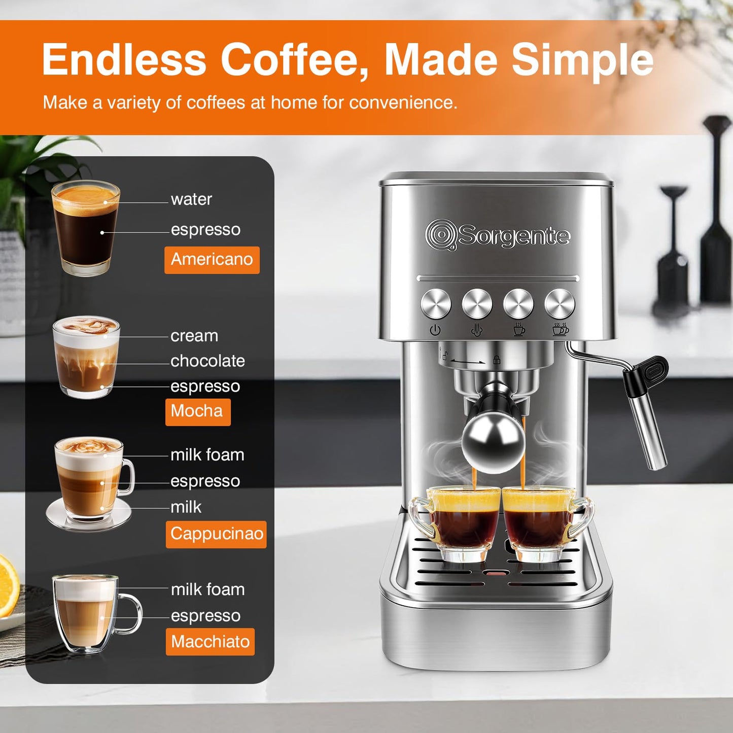 Sorgente Espresso Machine 20 Bar, Stainless Steel Coffee Maker with Milk Frother, 1350W with Fast-Heating System, Innovative Coffee Grounds Filter, Espresso Machines for Home Barista