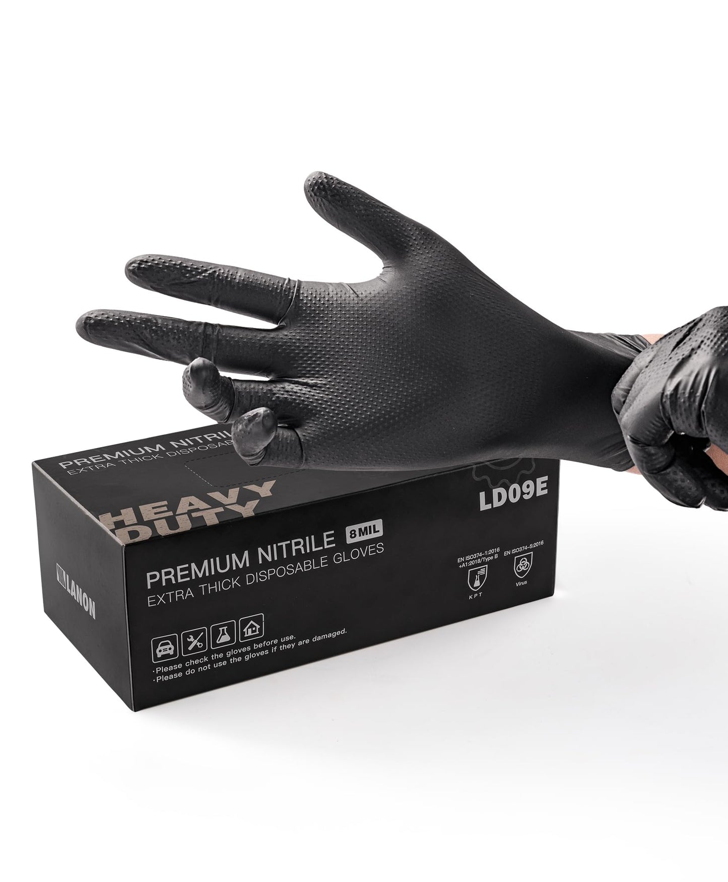 LANON Protection Heavy Duty Black Nitrile Gloves, Food Safe, Latex Free, Powder Free, Mechanic, Fully-Diamond Textured Grip Industrial Disposable Gloves, 8mil, Small