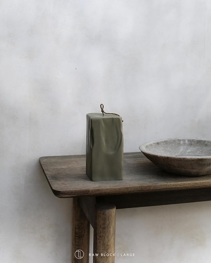 LAWA Raw Block Candle - Beautiful Handmade Pillar Scented Soy Wax Elegant Aesthetic Candle Housewarming Gift Home Room Shelf Decor Idea (Earthy Green, Large)