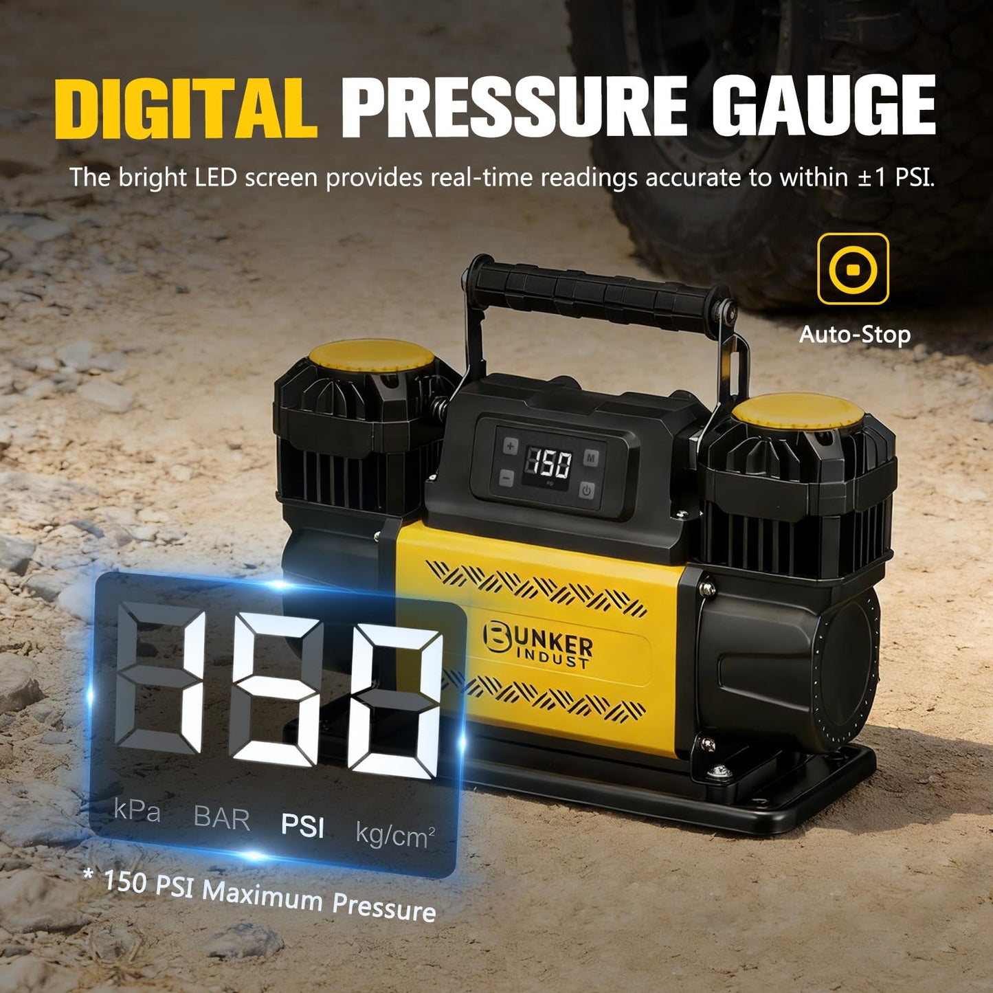 BUNKER INDUST 12V Air Compressor, Portable Inflator 12.3 CFM 150PSI Dual Tire Air Pump with LCD Control Panel Anderson-Style Plug for Off-Road 4x4 Vehicle, SUV, Truck
