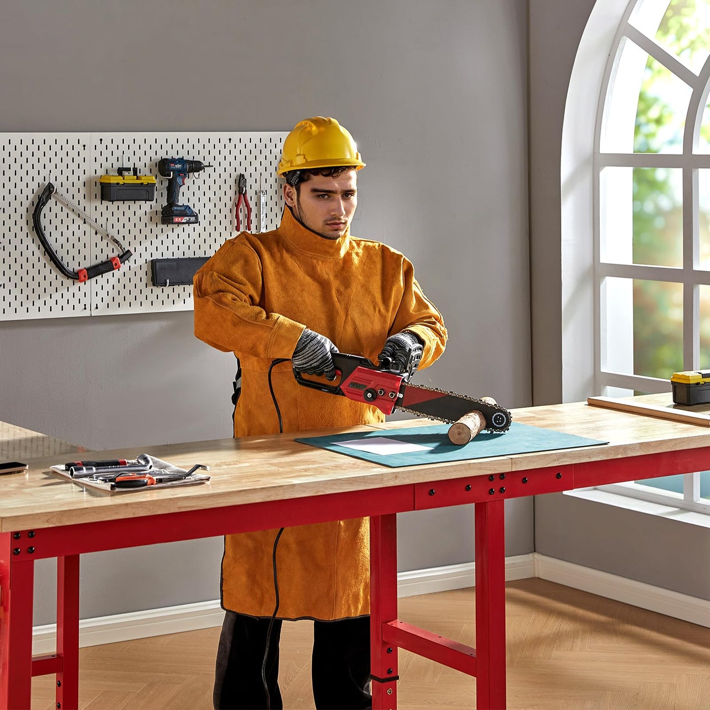 Albott 84x24 in Adjustable Workbench with Power Outlets, 6000 LBs Heavy Duty Work Table with Hooks, Solid Rubber Wood Top, for Garage, Woodworking, Workshop, Home Office, Red
