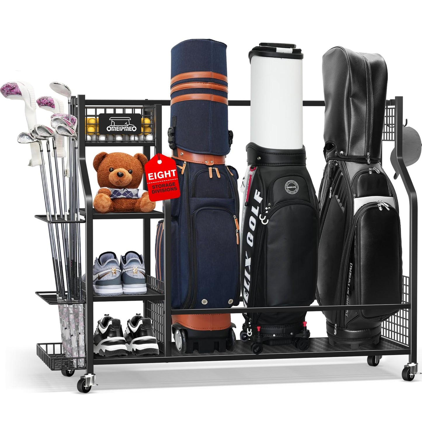 Golf Bag Storage Garage Organizer, Golf Bag Storage Stand and Other Golfing Equipment Accessories Rack, 3 Golf Bag Storage Rack with Wheels, Golf Organizer for Home, Garage, Club, Shed, Basement