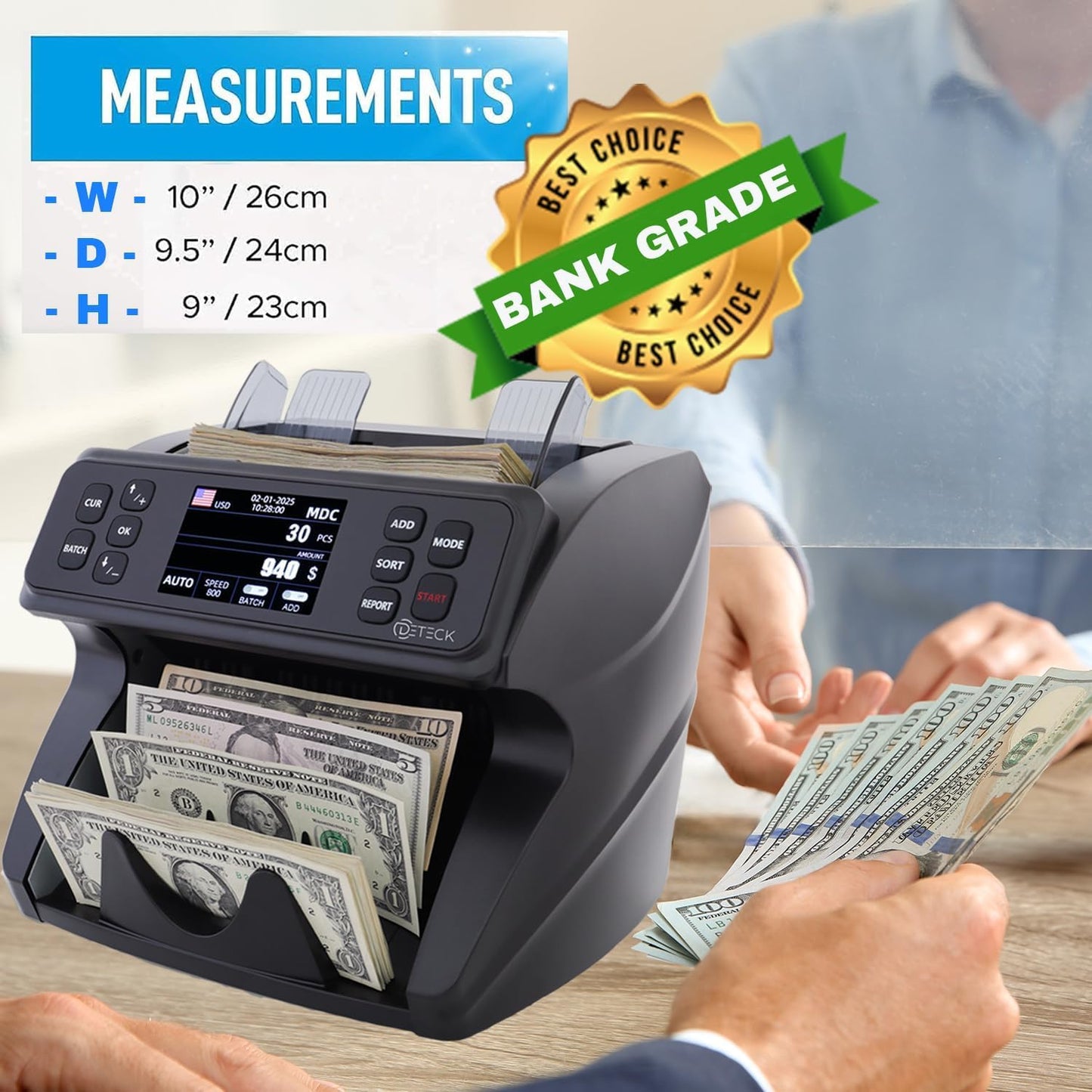 DETECK DETECK DT600 Bank Grade Money Counter Machine Mixed Denomination, Multi Currency Value Counting Money Machine, Serial Number, 2CIS/UV/IR/MG/MT Counterfeit Detection with DT50P Printer