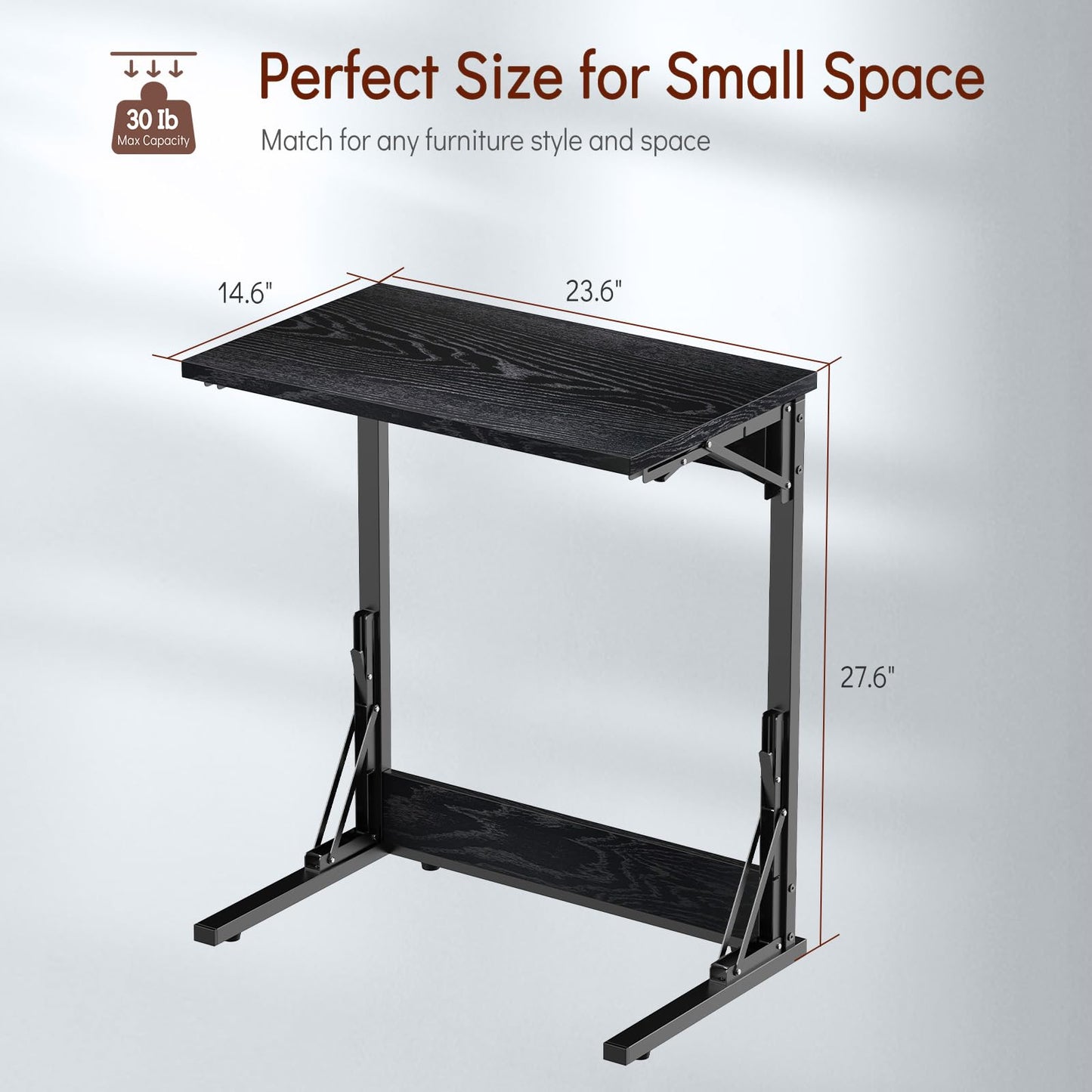 Tatub 24" Folding C Shaped End Table, Small Sofa Side Laptop Desk, Couch TV Tray Table for Living Room, Bedroom, Dark Black