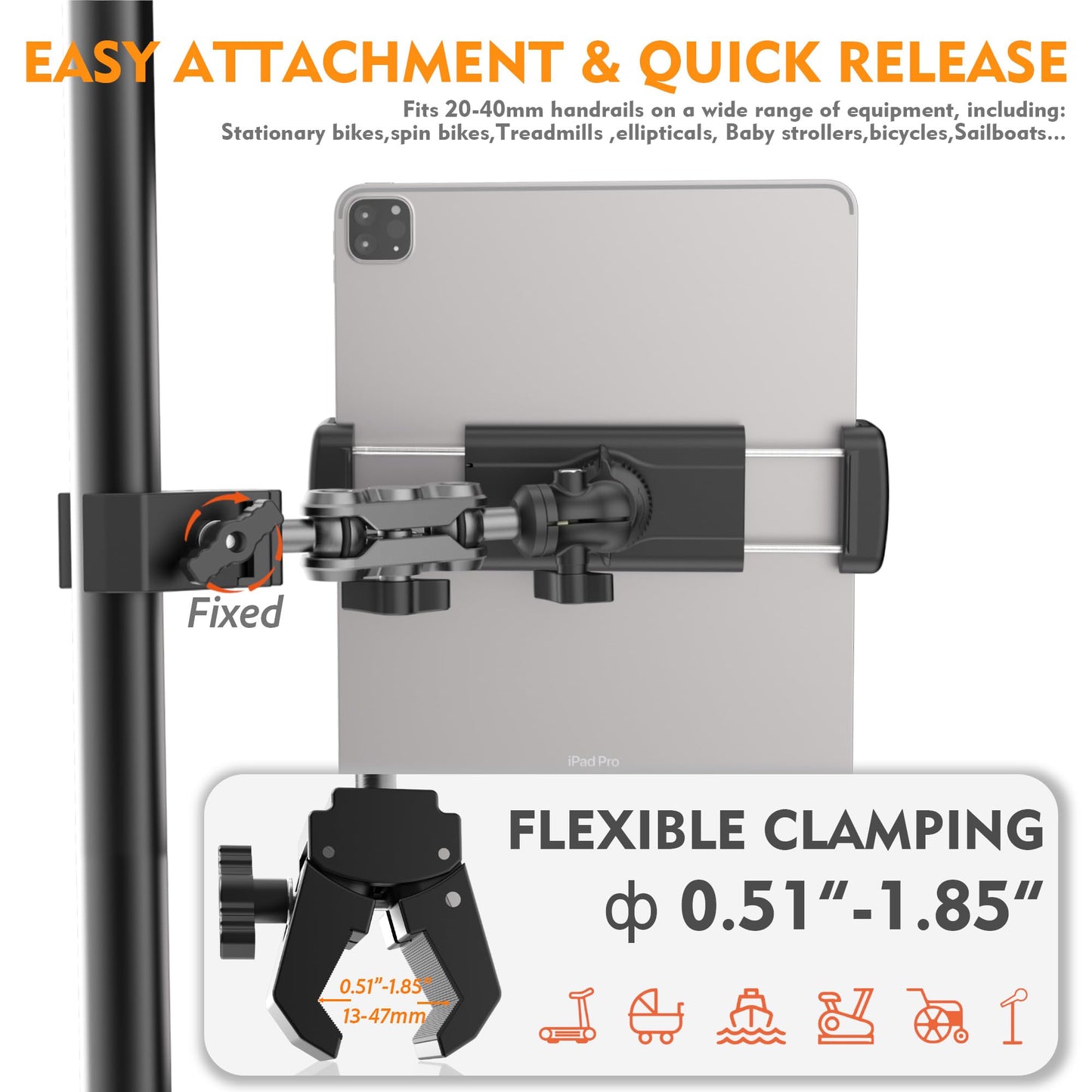 VasSmtCPH Tablet Holder for Treadmil Indoor Cycle Elliptical Spin Bike Peloton Music Stand 360° Adjustable Super Crab Handlebar Climp Mount Compitable with 4.7~12.9" iPad Switch iPhone e-Reader
