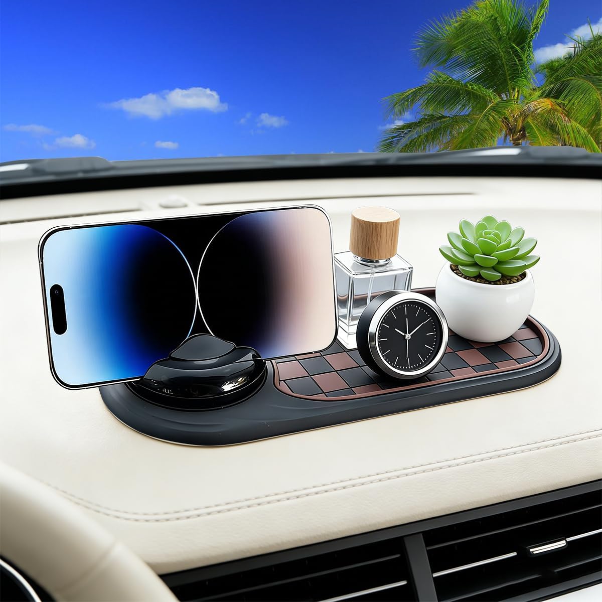 ANFTDCO 3-in-1 Car Dash Anti-Slip Pad, Rotatable Dash Non-Slip Mat with Phone Holder & Temporary Parking Number